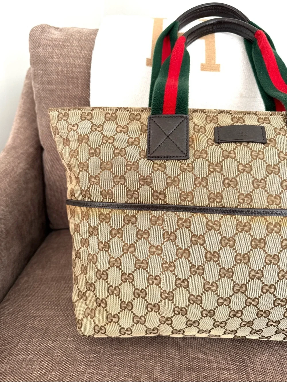 Gucci authentic tote bag brown monogram canvas diaper bag red green handles